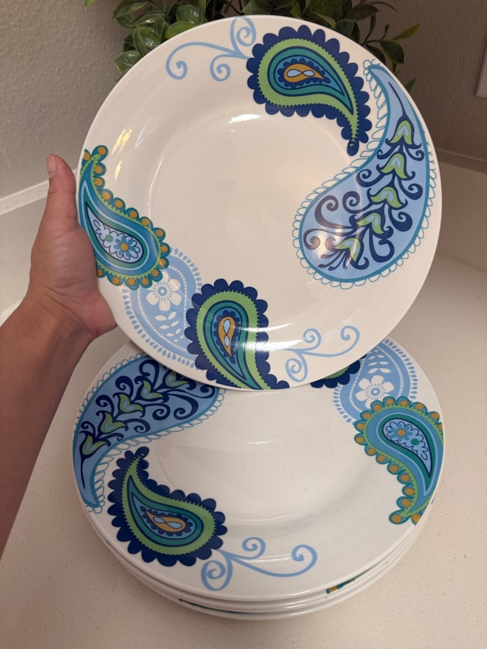 Royal Norfolk Set of 5 Dinner Plates Blue Green Paisley Print 10.5” Coastal Boho